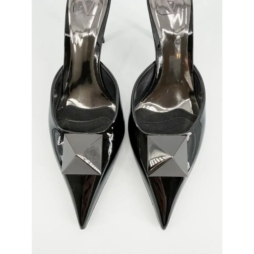 Valentino Garavani One Stud Black Patent Leather Mules Heels Size 39 EU 8.5